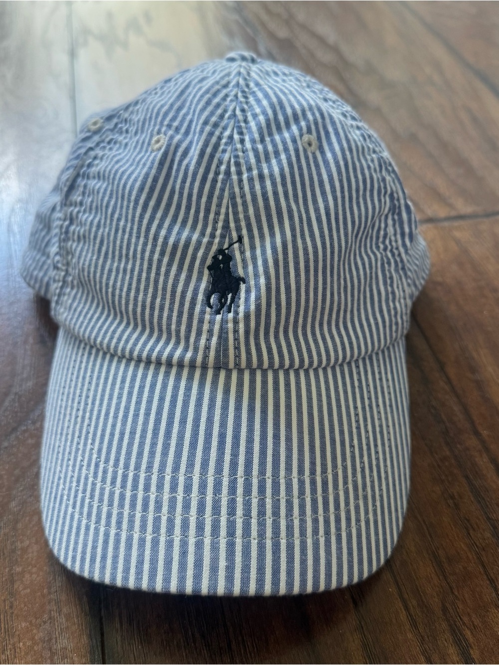 Polo Ralph Lauren Seersucker Strapback Hat Dad Cap Hickory Blue Stripe Logo EUC
